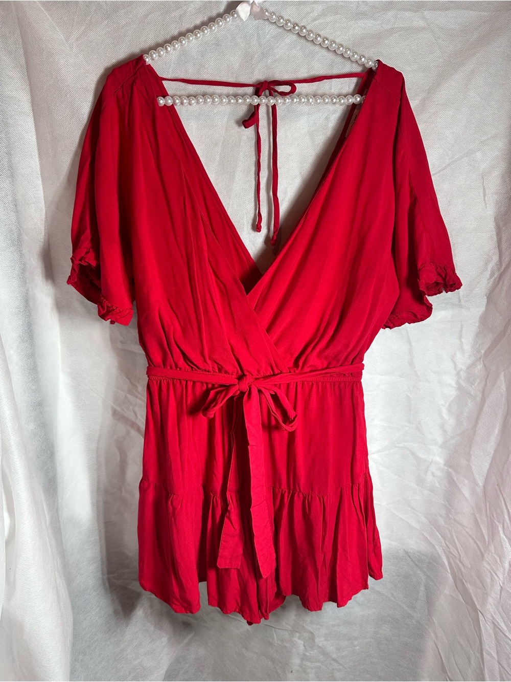 Red Short Sleeve Surplice Romper